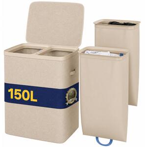 Cesto Portabiancheria Sporca 56x40x 67 cm con Divisorio Doppia Cesta 150L in Poliestere Beige