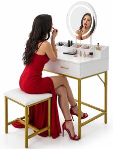 Toeletta Trucco 80x45x141 cm con Sgabello e Specchio Luce LED Postazione Makeup Bianco e Oro