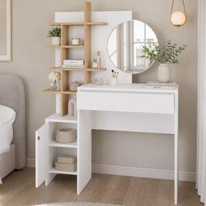 Toeletta Trucco 105x35x151 cm Postazione Make Up con Specchio Rotondo Bianco e Mensole Quercia