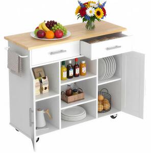 Carrello Isola da Cucina 90x46x100 cm Mobile con Cassetti con Ruote e Top Quercia Bianco