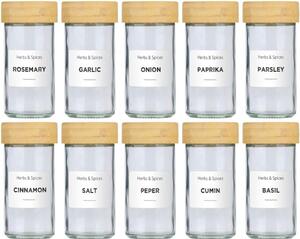Set 12 Barattoli Portaspezie con Dosatore e Etichette Organizer da Cucina in Vetro e Bambù