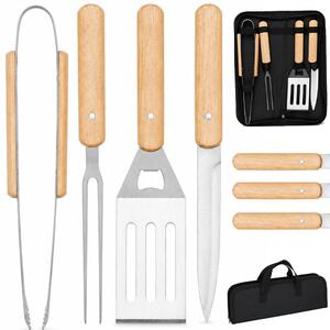 Set 4 Pezzi Accessori per Barbecue Valigetta Pieghevole con Manico in Legno