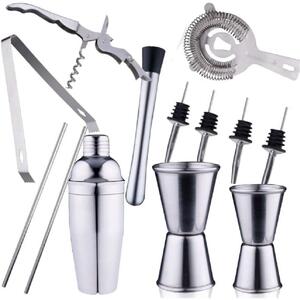 Set 14 Pezzi da Cocktail Completo con Shaker Stamper Jigger e Accessori in Acciaio Inox