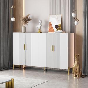 Sweiko Armadio multifunzionale moderno semplice bianco opaco 4 ante aperte e chiuse mobile sala da pranzo decorazione oro 160x35x100cm