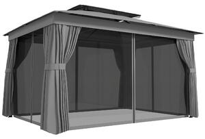 Outsunny Gazebo da Giardino a 2 Livelli con Zanzariere e Tende, in Metallo e Poliestere, 380x300x270 cm, Grigio Scuro | Aosom Italy