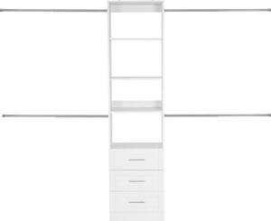 Sistema di armadi con 3 cassetti, organizer per armadi in legno regolabili in altezza, moderna organizzazione della cabina armadio con 4 aste appendiabiti retrattili, appendiabiti indipendente, bianco