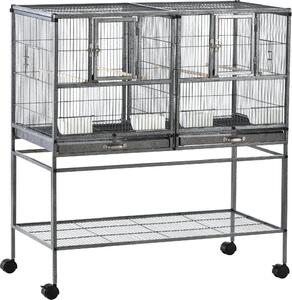 AllMyPets Doppia Gabbia per Uccelli in Metallo con Vassoi Estraibili Supporto con 4 Ruote e Ripiano 95x45.5x102cm Grigio - 52ekD10