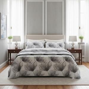 Completo Lenzuola In Raso Di Cotone Abstract Flower Matrimoniale - 250X290 175X205 + 2 Federe 50X80 Mirabello Floreale Grigio Caleffi