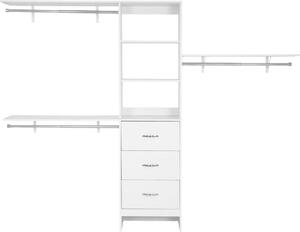 Sistema di armadi con 3 cassetti, organizer per armadi in legno regolabili in altezza, moderna organizzazione della cabina armadio con 3 aste appendiabiti retrattili, appendiabiti indipendente, bianco