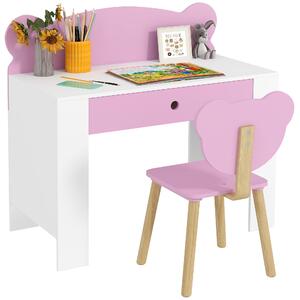 AIYAPLAY Set Scrivania per Bambini con Cassetto e Sedia con Schienale a Orsetto, Età 3-8 Anni, Rosa | Aosom Italy