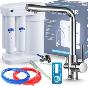 Rubinetto da cucina a 3 vie Ari Venom 1 con filtro Aquafor, beccuccio girevole, doppia uscita per acqua filtrata, cromato