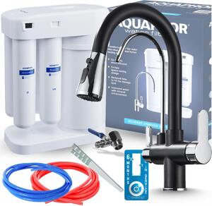 Rubinetto da cucina a 3 vie Ari Nordic con doccetta estraibile e doppia canna girevole, compatibile con filtro acqua, nero cromo