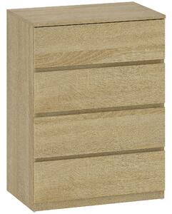 Cassettiera 4 Cassetti 60x40x80 cm con Guide in Metallo e Maniglie Scanalate in Legno color Faggio
