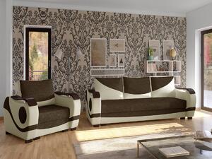 Salotto completo divano letto Norvegia - Ecopelle bianco panna+tessuto marrone