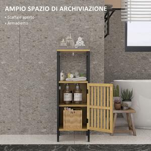 HOMCOM Mobiletto Bagno con Ripiano Aperto e Armadietto, in MDF e Bambù, 32x30x90.5 cm, Nero e color Legno