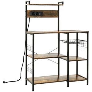 HOMCOM Scaffale Cucina Multipresa per Microonde con Ripiani e Cestino a Rete, 90x42x130cm, Marrone