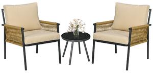 Outsunny Set da Giardino in Rattan con 2 Poltroncine con Cuscini e Tavolino Rotondo in Vetro, Beige|Aosom