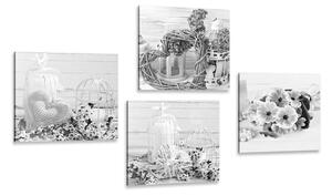 Set di quadri – Lanterne in bianco e nero con bouquet