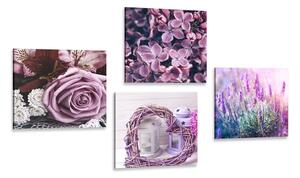 Set di quadri – Splendidi fiori viola con cuoricino