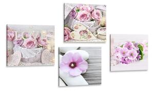 Set di quadri – Fiori romantici con scritta Love