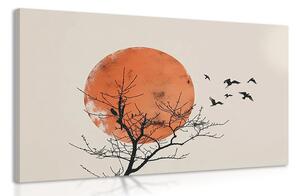 Quadro su tela – Japandi luna con stormo di uccelli