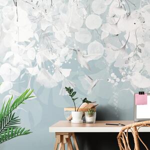 Carta da parati – Foglie con Colibrì in Blu-Grigio