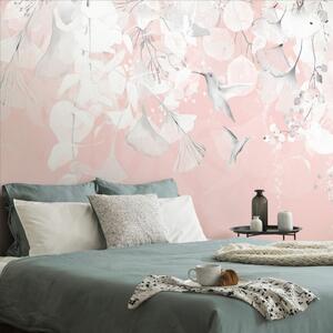 Carta da parati – Foglie con Colibrì in Rosa-Grigio