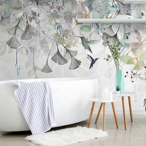 Carta da parati – Foglie con Colibrì in Verde-Grigio