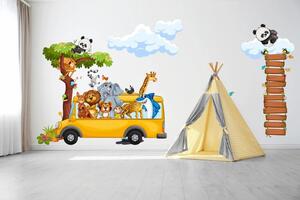 Adesivo murale per bambini animali safari nell'autobus 50 x 100 cm