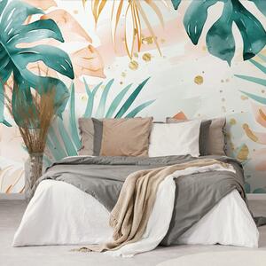 Carta da parati – Foglie tropicali verde-arancio