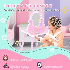 HomCom Specchiera Giocattolo con Sgabello, Toeletta Bambine, Design Sicuro in Legno, Esperienza Principesca - Rosa