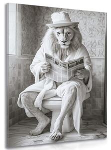 Quadro su tela – Leone bianco con giornali in bagno