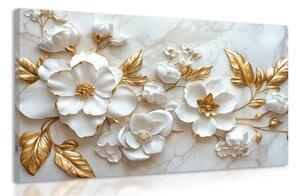 Quadro su tela – Fiori 3D con foglie dorate