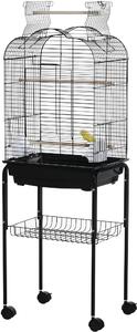 AllMyPets Gabbia per Uccelli con 3 Posatoi, 2 Ciotole e 2 Porte Laterali in Acciaio, PP e Legno 46x36x130 cm colore Nero - A89077AO10