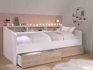 Letto Con vani portaoggetti 90 x 200 cm Bianco e Naturale + Rete a doghe - PAULETTE