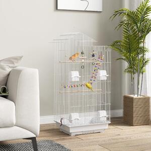 AllMyPets Gabbia per Uccelli con Maniglia e Porte Gabbietta con Altalena, Ciotole e Giochi 46x36x100 cm colore Bianco