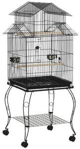 AllMyPets Gabbia per Uccelli da Interni in Acciaio e Legno con Vassoio 4 Ruote e Trespolo 50x49x137cm
