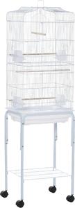 AllMyPets Gabbia per Uccelli Voliera in Metallo e Acciaio con Ruote Trespoli e Ciotole 46.5x36x157cm Bianco