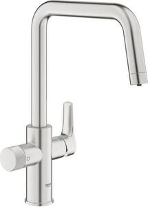 Miscelatore da cucina con filtro, GROHE Blue Pure Start, Supersteel, bocca a U, raggio di rotazione di 150°, filtro per l'acqua