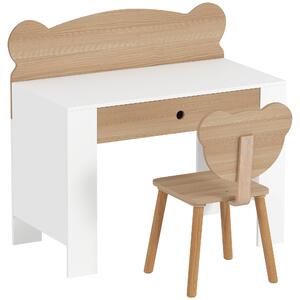 AIYAPLAY Set Scrivania per Bambini con Cassetto e Sedia con Schienale a Orsetto, Età 3-8 Anni, Legno | Aosom Italy