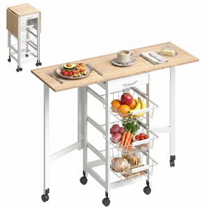 HOMCOM Carrello da Cucina con 3 Cestini, Cassetto e Ribalte, 6 Ruote Girevoli, in MDF e Metallo, 37x37x77.5cm, Bianco e Legno|Aosom