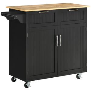 HOMCOM Carrello da Cucina Multiuso in Legno con 2 Cassetti, Armadietto e 4 Ruote, 104x46x91cm, Nero|Aosom