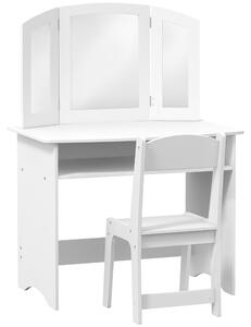 AIYAPLAY Set da Trucco per Bambini con Tavolo Toeletta con Specchio Triplo Rimovibile e Sedia in Legno Bianco