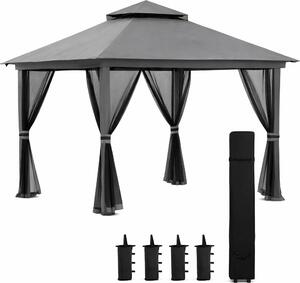 VivaGarden Gazebo da Giardino 4x4 mt Pieghevole in Metallo/Tessuto con Doppio tetto e Tende colore Grigio