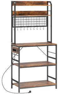HOMCOM Scaffale da Cucina con Stazione di Ricarica, 5 Ripiani e 10 Ganci a S, in Legno e Acciaio, 80x40x170 cm, Marrone | Aosom Italy