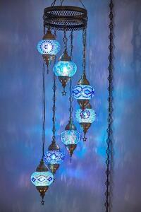 Lampada a sospensione turca - Lampada a mosaico - Lampada marocchina - Autentica - Realizzata a mano - 7 sfere di vetro blu