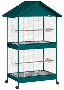 PawHut Gabbia per Uccelli su Ruote con Separatore Rimovibile, 6 Mangiatoie e 4 Posatoi, 2 vassoi Estraibili, 94x70x158 cm, Verde | Aosom Italy