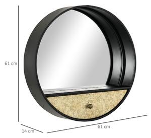 HOMCOM Specchio da Parete Rotondo da Ø61cm con Cassetto e Cornice in Metallo Nero