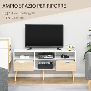 HOMCOM Mobile TV con Cassetti e Vani Aperti per TV fino 50'', Mobiletto Basso da Salotto con Gambe in Legno, 117x39x57cm, Bianco