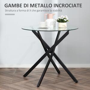 HOMCOM Tavolo Rotondo in Vetro e Gambe Incrociate in Metallo, Tavolino Moderno per Soggiorno e Studio, 80x80x75cm, Nero